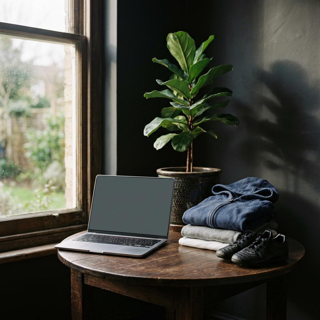 Une petite table en bois près d’une fenêtre, avec un ordinateur portable, une plante, des vêtements d’enfant pliés et des chaussures de foot.